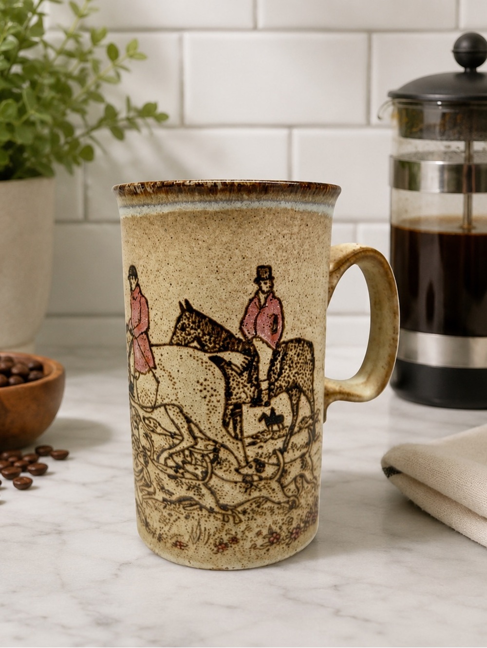 Vintage Dunoon Stoneware Mug made in Scotland, featuring fox-hunting Riders